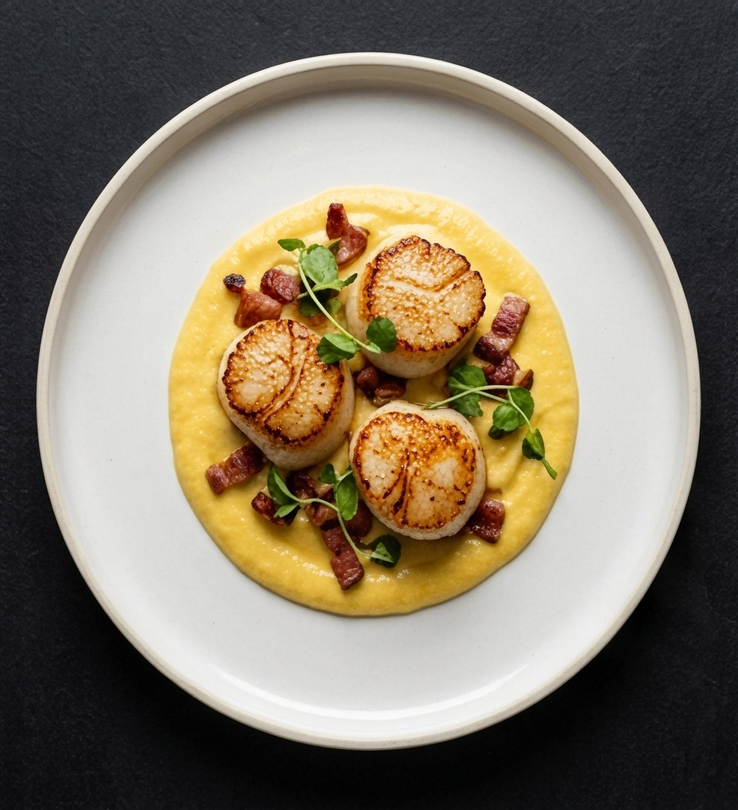 Pan-Seared Diver Scallops on sweet corn purée with crispy pancetta and micro-cilantro oil